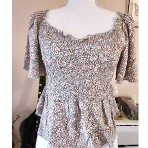Light Blue Pink Floral Short Sleeve Top